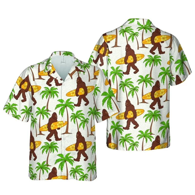 Brown Furry Bigfoot Surfer Hawaiian Scene: Green Palm Trees, Yellow Surfboard, Woven Short-sleeve Hawaiian Shirt - 1