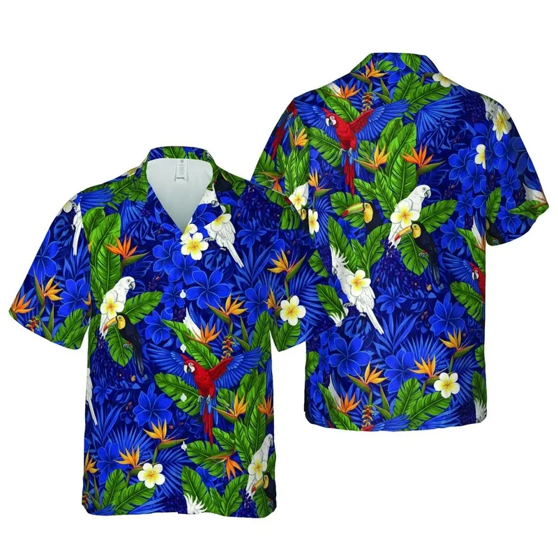 Hawaiian Tropical Macaws Toucans Plumeria Bird of Paradise Leaves Sublimation Design Short-sleeve Hawaiian Shirt - 1