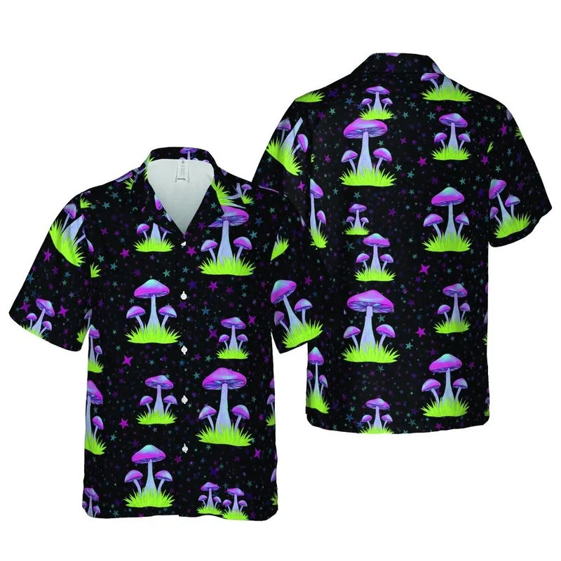 Mushroom Lover's Iridescent Starscape Botanical Pattern Black Magenta Cyan Lavender Lime Green Short-sleeve Hawaiian Shirt - 1
