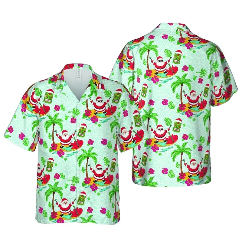 Santa Surfing Hawaiian Christmas Tiki Mask Guitar Tropical Red Surfboard Blue Waves Design Short-sleeve Hawaiian Shirt - 1