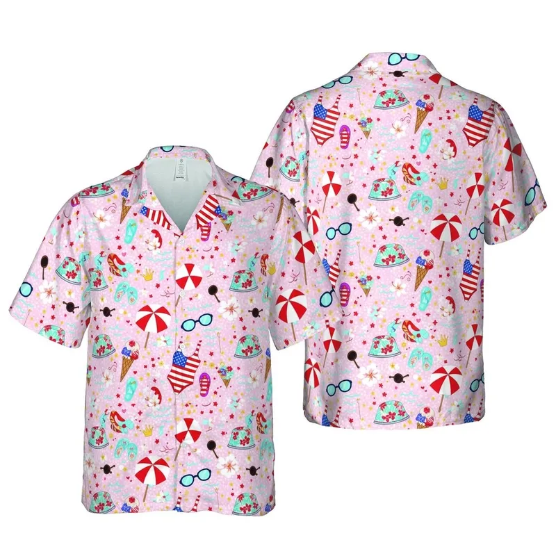 Beach Day Hawaiian Print: American Flag Ice Cream, Swimsuits, Golden Crowns, Pink Hearts Short-sleeve Hawaiian Shirt - 1