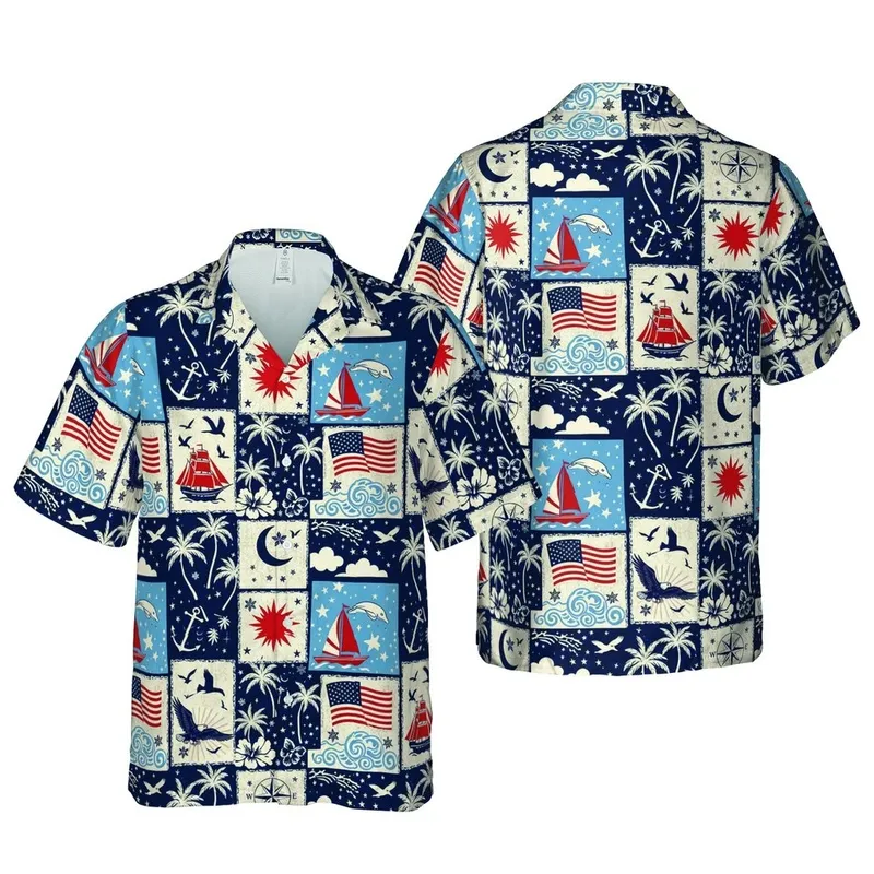 Eagle Flag Sailboat Dolphin Plane Crescent Moon Patchwork Navy Red Off-White Layout Short-sleeve Hawaiian Shirt - 1