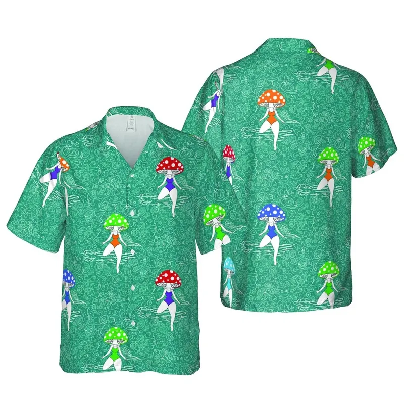 Womens Mushroom Figure Polka Dot Caps Swimsuit Teal Ripple Fabric Pattern Short-sleeve Hawaiian Shirt - 1