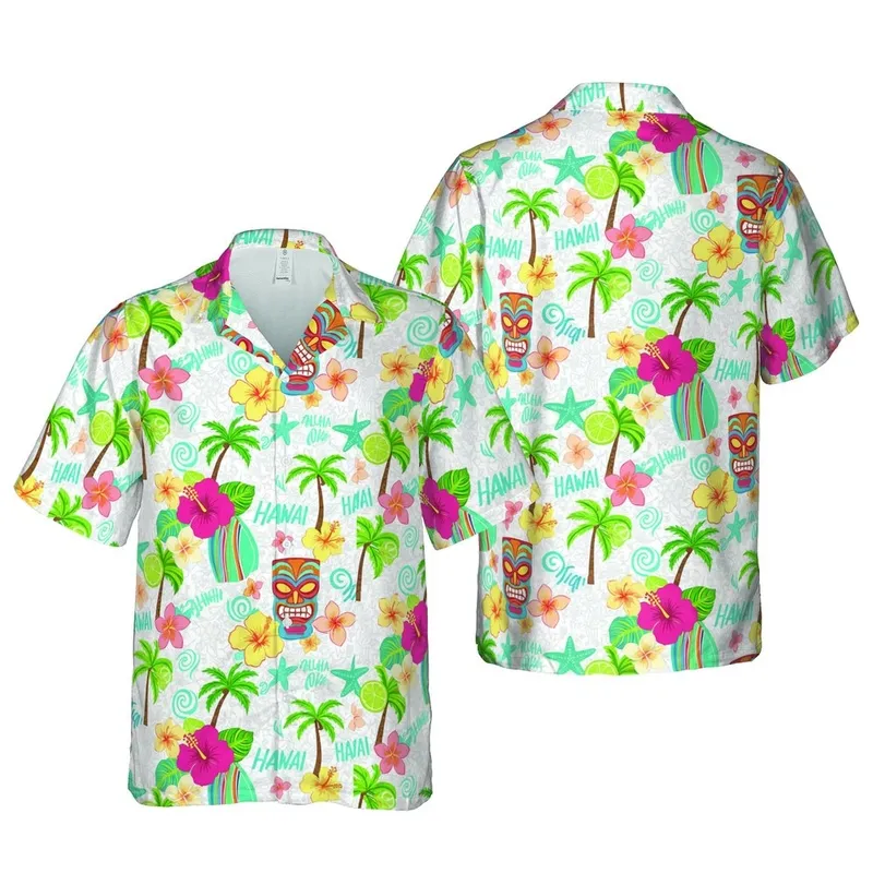Hawaiian Tiki Mask Surfboard Palm Tree Hibiscus Plumeria Starfish Aloha Hawaii Pattern Short-sleeve Hawaiian Shirt - 1