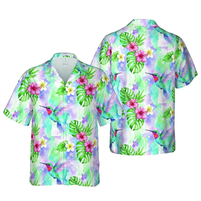 Hawaiian Turquoise Hummingbird, Magenta Hibiscus & Monstera Watercolor Pattern Short-sleeve Hawaiian Shirt - 1
