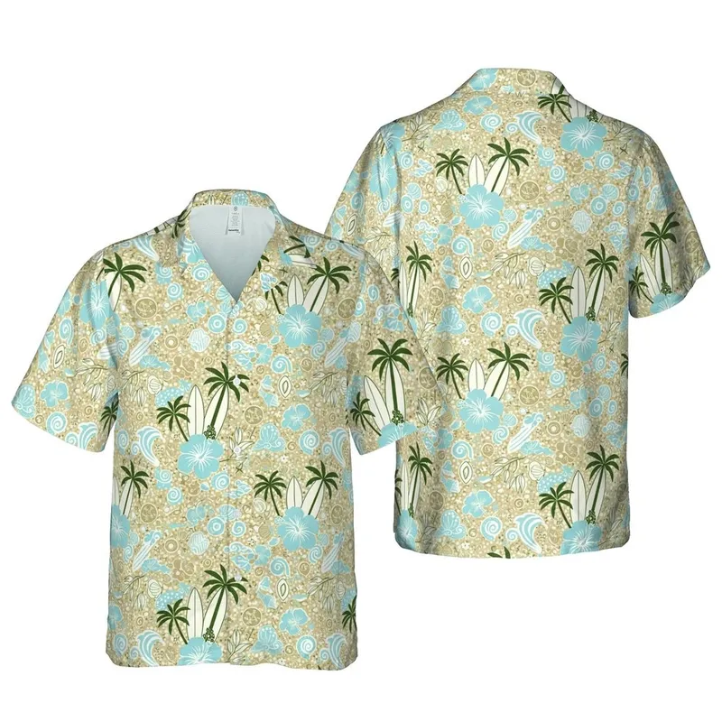 Hawaiian Palm Tree Surfboard Hibiscus Design: Sea Oat Sand Dollar Ocean Pattern Short-sleeve Hawaiian Shirt - 1