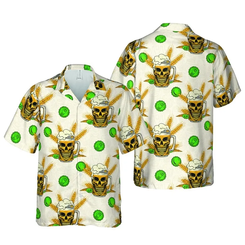 Hawaiian Skull Beer Mug & Can Pattern, Skull Hop Cones, Golden Wheat Bottle Caps Short-sleeve Hawaiian Shirt - 1