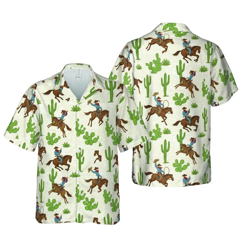 Western Rodeo Cowboy Hawaiian Pattern: Galloping Horses, Bucking Bronc, Saguaro Cactus Short-sleeve Hawaiian Shirt - 1