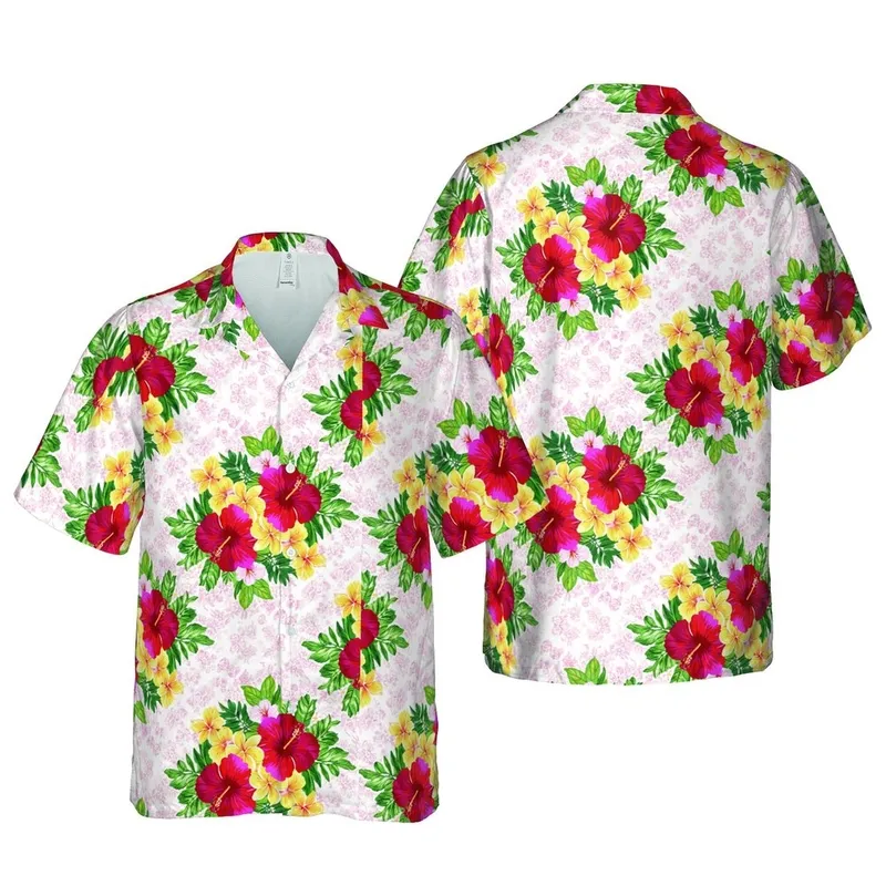 Hawaiian Red Fuchsia Yellow Hibiscus Plumeria Lush Green Foliage Floral Motif Short-sleeve Hawaiian Shirt - 1