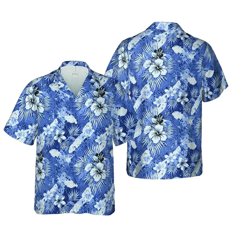 Hawaiian Stone-Washed Light Blue Abstract Blotches Granular Fabric Weave Textile Pattern Short-sleeve Hawaiian Shirt - 1