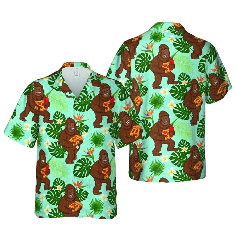 Edge-to-Edge Shaggy Bigfoot Pizza Hawaiian Monstera Palm Plumeria Aqua Design Short-sleeve Hawaiian Shirt - 1