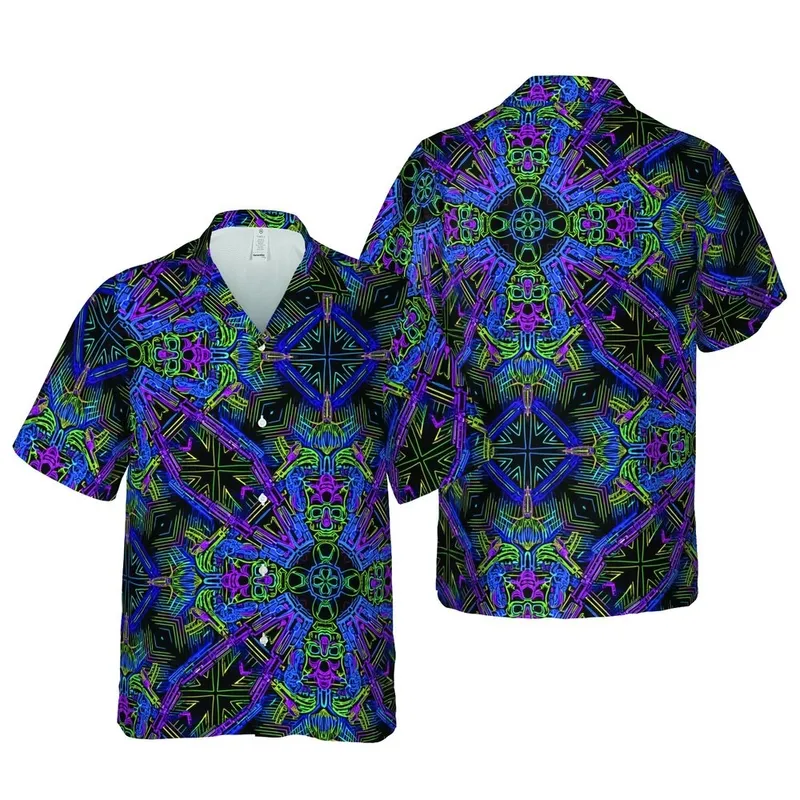 Tropical Neon Skull Pattern: Luminous Botanical Armament Grid, High Contrast Short-sleeve Hawaiian Shirt - 1