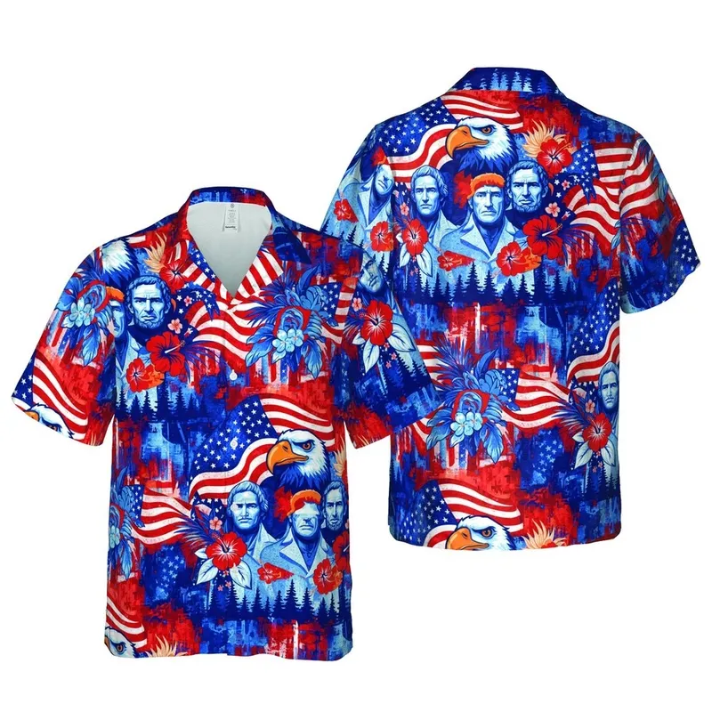 US Presidents Mount Rushmore Eagle Hawaiian Flag Evergreen Seamless Design Short-sleeve Hawaiian Shirt - 1