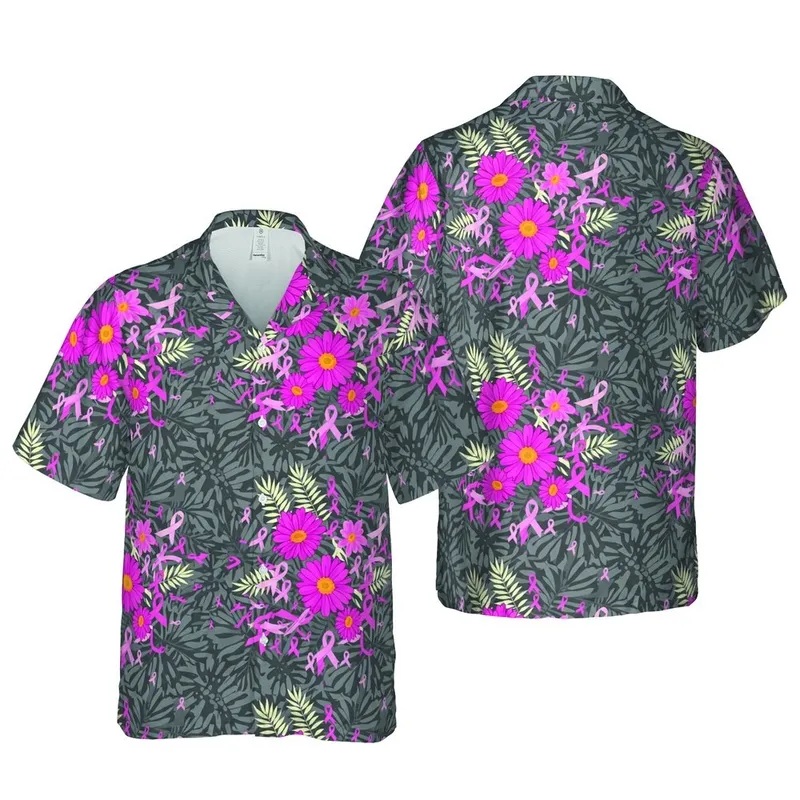 Fuchsia Pink Gerbera Daisy, Breast Cancer Awareness Ribbons, Charcoal Leaf Seamless Pattern Short-sleeve Hawaiian Shirt - 1