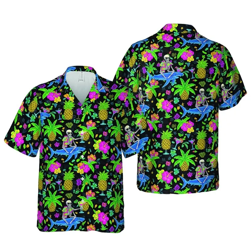 Neon Tropical Skeletons Riding Sharks & Glowing Cocktails 8K Botanical Design Short-sleeve Hawaiian Shirt - 1