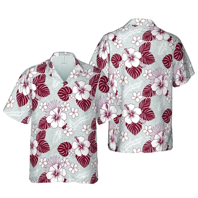 White Hibiscus Cranberry Palm Plumeria Anthurium Botanical Heathered Grey Pattern Short-sleeve Hawaiian Shirt - 1