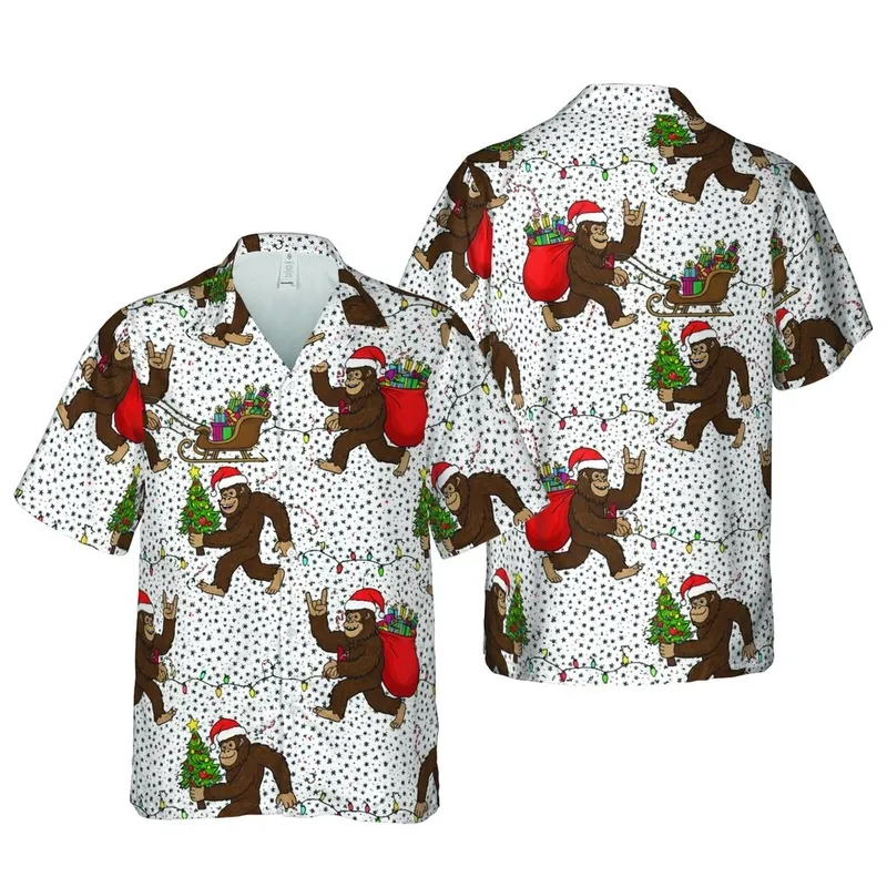 Bigfoot Hawaiian Christmas Sleigh Pattern, Santa Hat Trees Lights Candy Canes Sprinkles Short-sleeve Hawaiian Shirt - 1