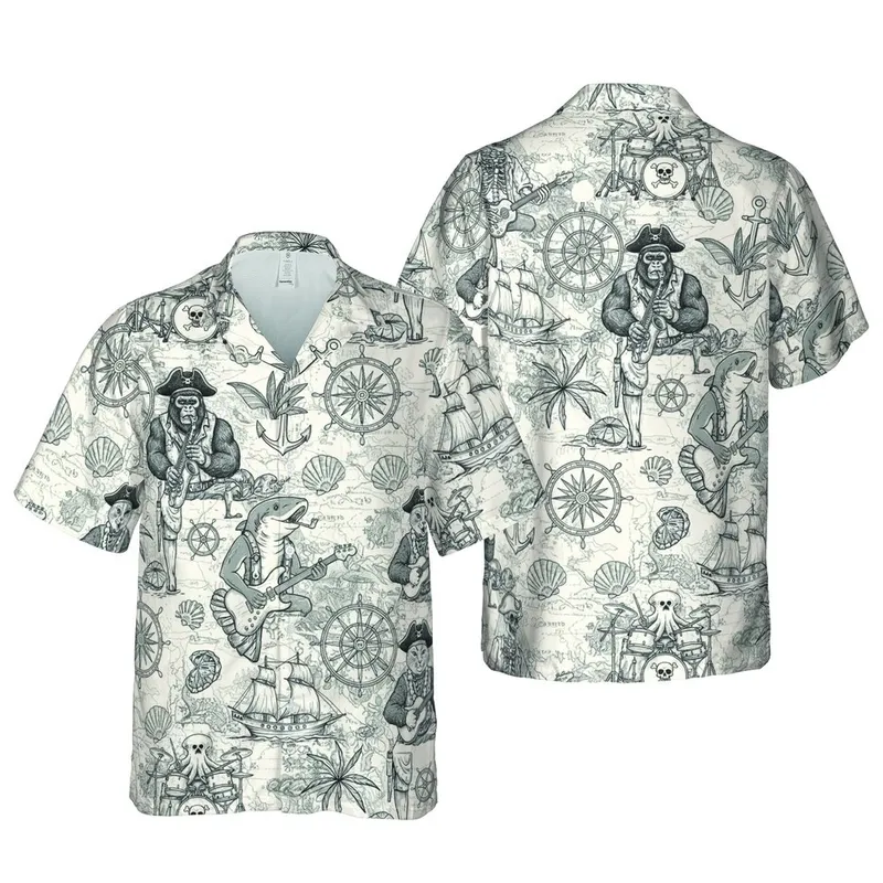 Pirate Animals Hawaiian Black White Sketch: Cat Guitar, Octopus Drums, Sax Gorilla Design Short-sleeve Hawaiian Shirt - 1