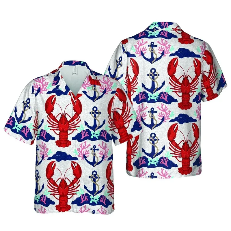 Red Lobsters Dark Blue Anchors Coiled Ropes Coral Wave White Fiber Sublimation Short-sleeve Hawaiian Shirt - 1
