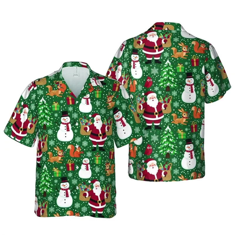 Hawaiian Christmas Santa Snowman Deer Rabbit Pine Tree Fox Squirrel Snowflake Design Short-sleeve Hawaiian Shirt - 1