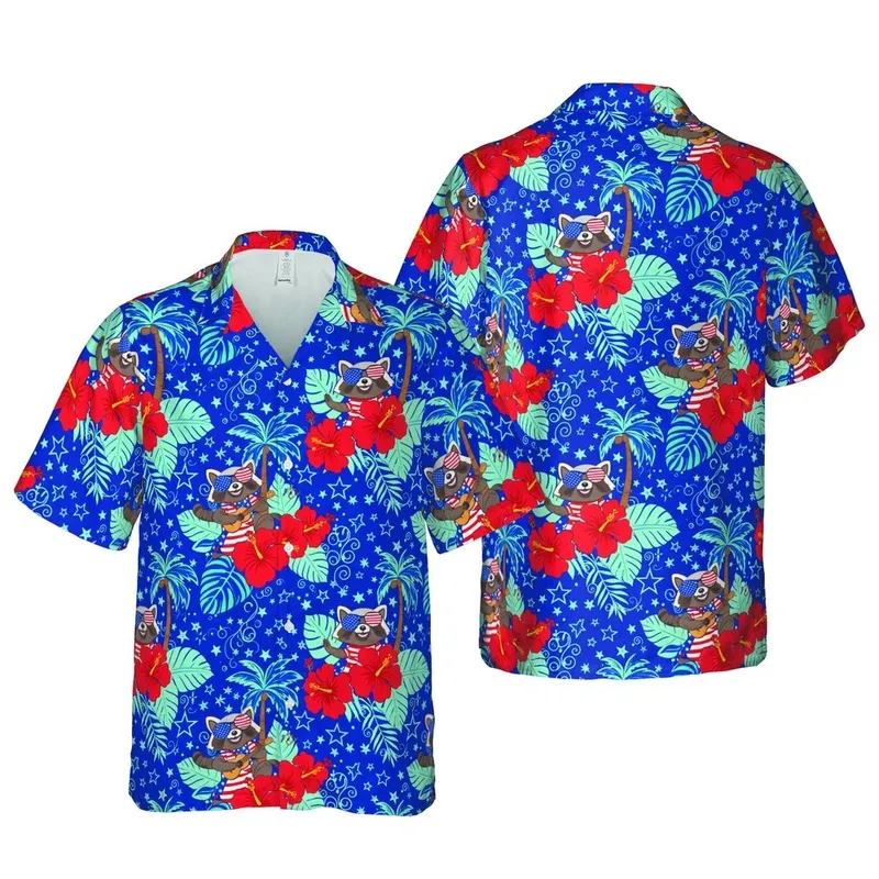 Stylized Raccoon American Flag Sunglasses Hawaiian Hibiscus Blue Star Sublimation Art Short-sleeve Hawaiian Shirt - 1