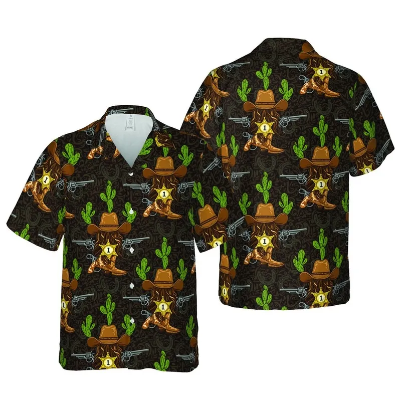 Western Hawaiian Pattern: Horse Heads, Cowboy Hats, Revolvers, Rustic Boots, Golden Badges Fabric Design Short-sleeve Hawaiian Shirt - 1