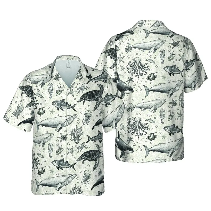 Hawaiian Marine Life: Orca, Dolphin, Turtle, Whale, Hammerhead, Coral, Seashells Black White Cream Short-sleeve Hawaiian Shirt - 1
