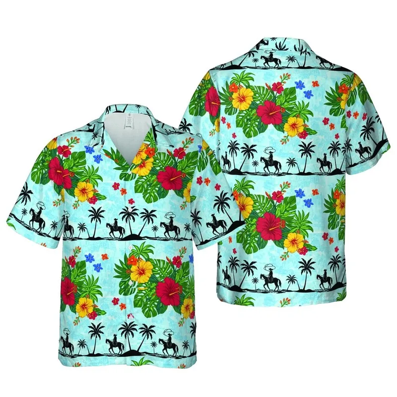 Hawaiian Paniolo Floral Pattern: Hibiscus, Roping Cowboys, Tropical Leaves, Blue Sky Short-sleeve Hawaiian Shirt - 1