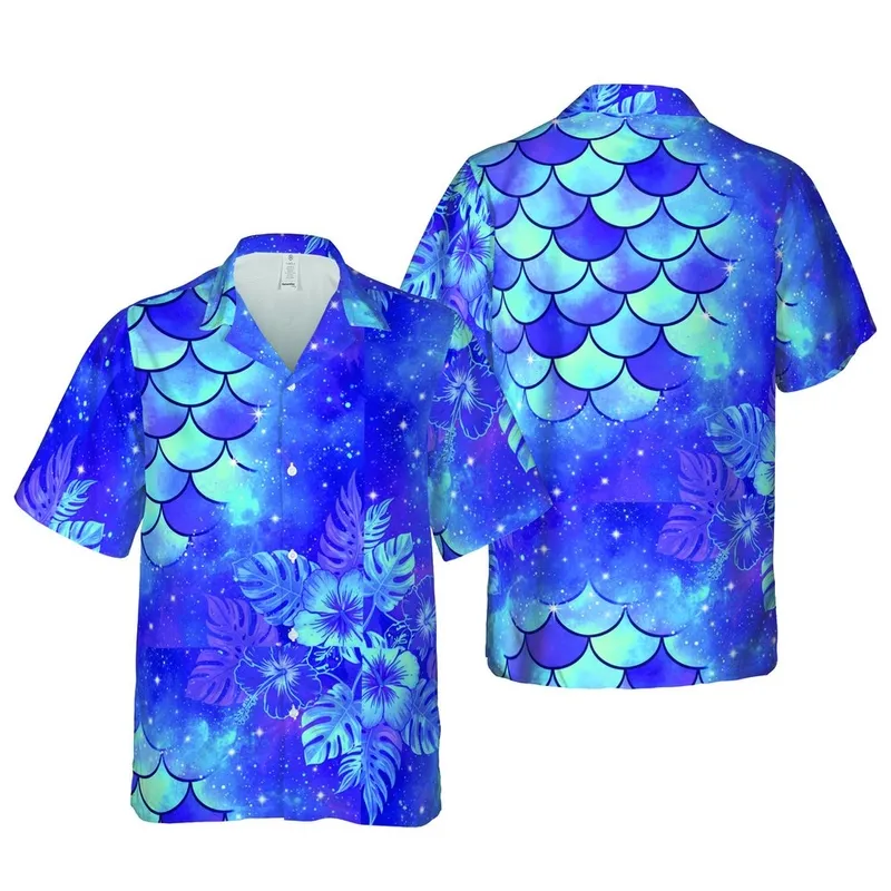 Iridescent Mermaid Scales Hawaiian Pattern - Cosmic Nebula Starburst Textile Short-sleeve Hawaiian Shirt - 1