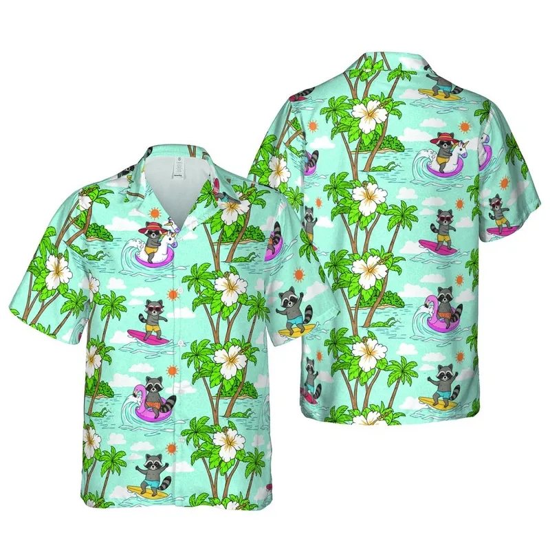 Raccoon Character Surfing Flamingo Unicorn Palm Hibiscus Ocean Aqua Fabric Art Short-sleeve Hawaiian Shirt - 1