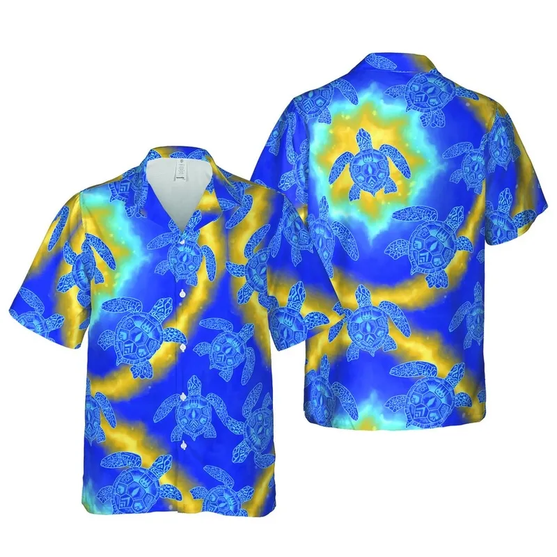 Hawaiian Tribal Geometric Blue Sea Turtle Mosaic Golden Yellow Underwater Light Gradient Short-sleeve Hawaiian Shirt - 1