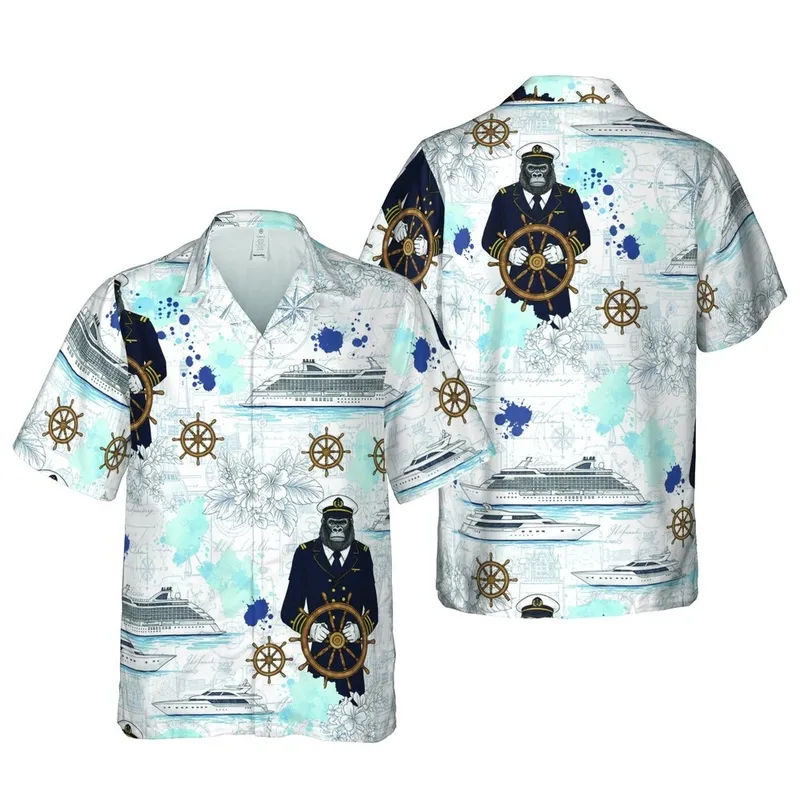 Anthropomorphic Gorilla Captain Design: Hawaiian Cruise Ship & Yacht Blueprint Short-sleeve Hawaiian Shirt - 1