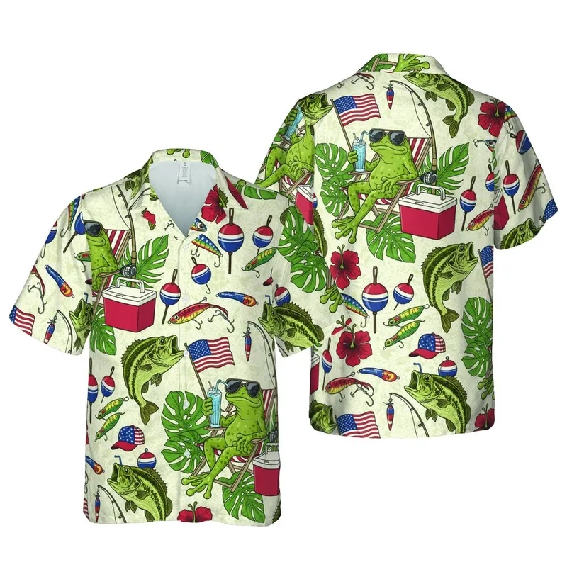 Frog with Sunglasses, American Flag, Fishing Lures & Bass Fish Tropical Hawaiian Pattern Short-sleeve Hawaiian Shirt - 1