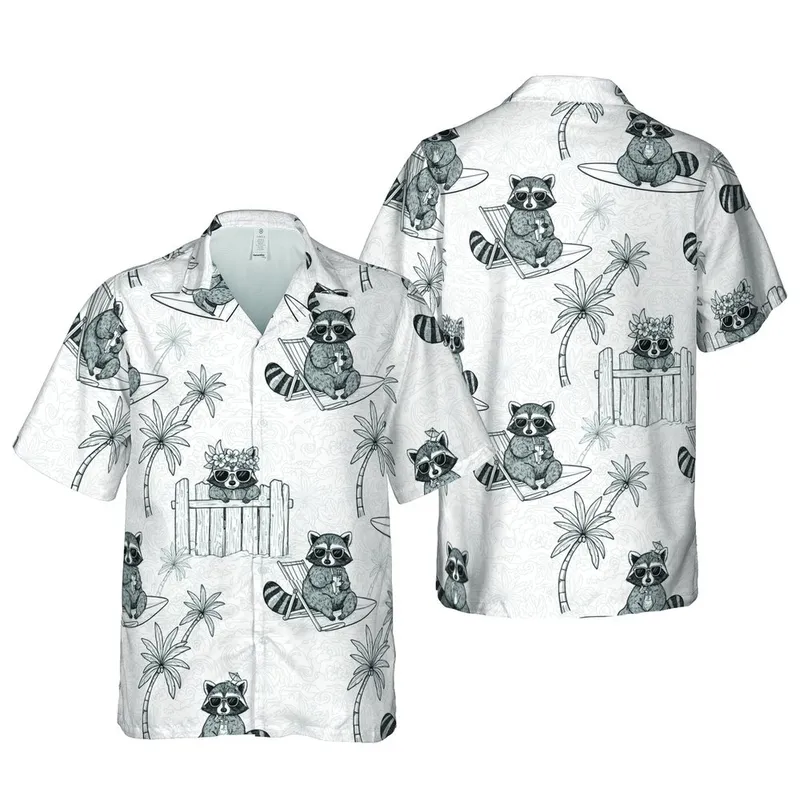 Black White Line Art Raccoons Surf Beach Chair Lei Crown Island Motif Short-sleeve Hawaiian Shirt - 1