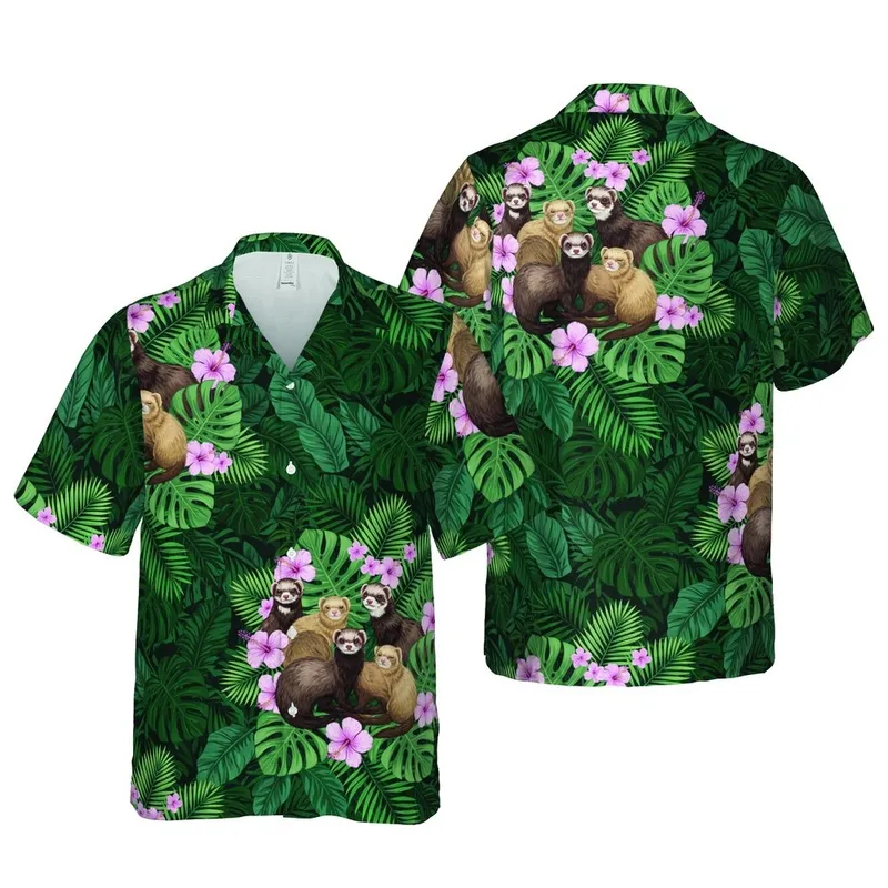 Sable Ferret Tropical Jungle Pattern: Hibiscus Flowers, Monstera Palm Textile Short-sleeve Hawaiian Shirt - 1