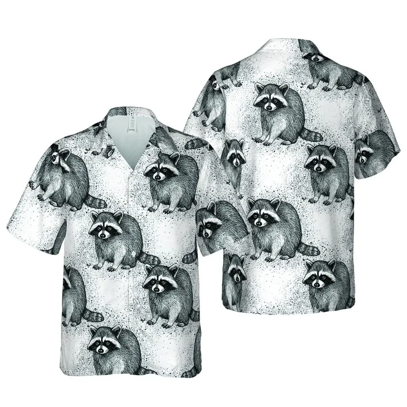 Masked Raccoon Hawaiian Black White Gray Splatter Seamless Fabric Pattern Short-sleeve Hawaiian Shirt - 1