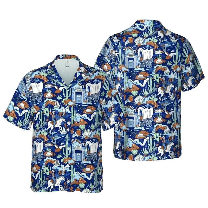 Western Cowboys Cowgirls Desert Horses Cacti Saguaro Blue White Hawaiian Setting Short-sleeve Hawaiian Shirt - 1