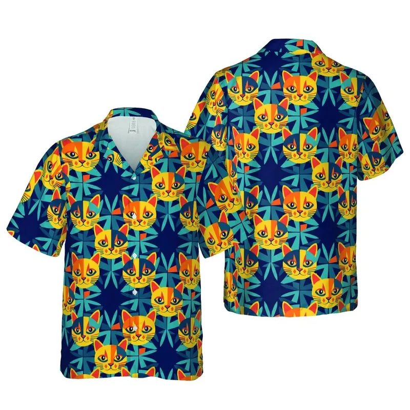 Stylized Feline Faces Hawaiian: Geometric Cat Mosaic Print Navy Teal Orange Pattern Short-sleeve Hawaiian Shirt - 1