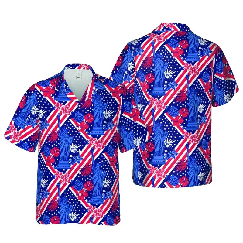 Liberty Torch Monochromatic Blue: American Flag Hawaiian Pattern - White Stars Red Stripes Short-sleeve Hawaiian Shirt - 1
