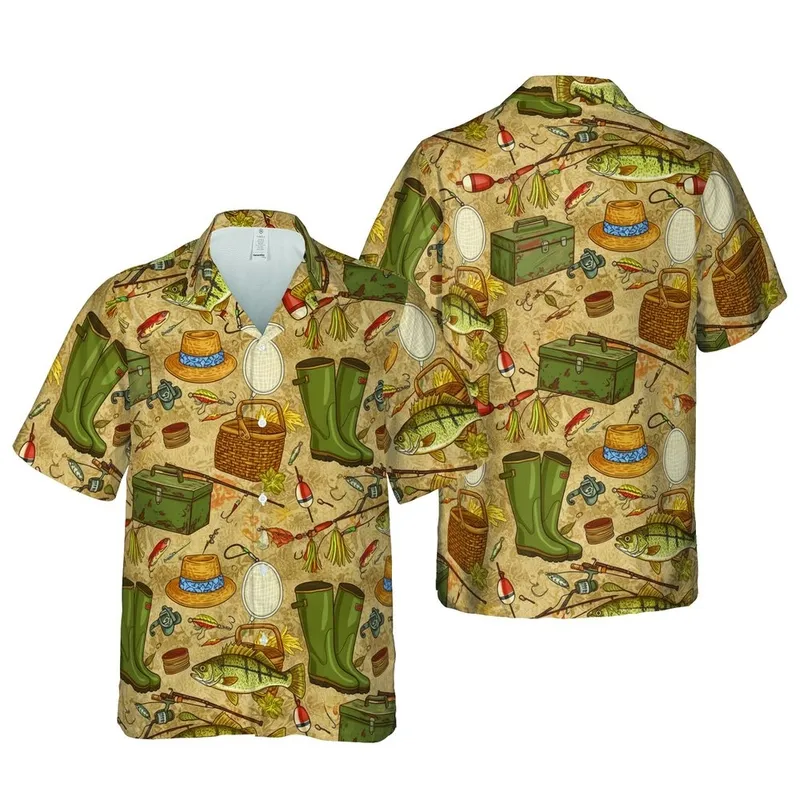 Angler's Gear: Perch, Trout, Creels, Tackle, Rods, Bobbers, Lures, Olive Boots Short-sleeve Hawaiian Shirt - 1