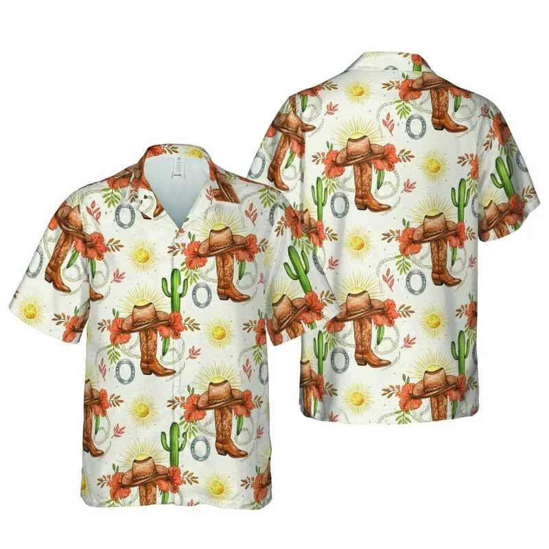 Cowboy Desert Watercolor Boots Hats Saguaro Cacti Sun Lasso Flowers All-Over Print Short-sleeve Hawaiian Shirt - 1