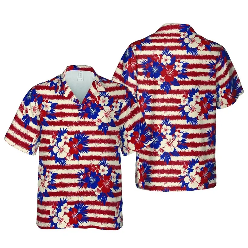 Hawaiian Hibiscus Tropical Floral Leaf Red Blue Cream Grunge Stripe Pattern Short-sleeve Hawaiian Shirt - 1