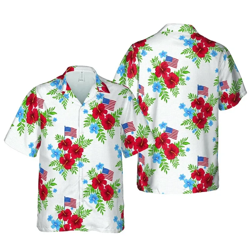 Patriotic Seamless American Flag Red Hibiscus Blue Flower Green Leaf Textile Design Tile Short-sleeve Hawaiian Shirt - 1