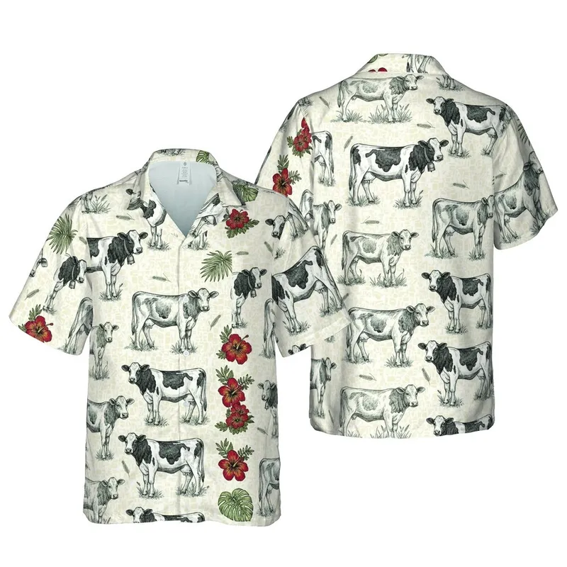 Hawaiian Bovine Sublimation: Realistic Cow Calf Sketch with Bells & Wheat Stalks Short-sleeve Hawaiian Shirt - 1