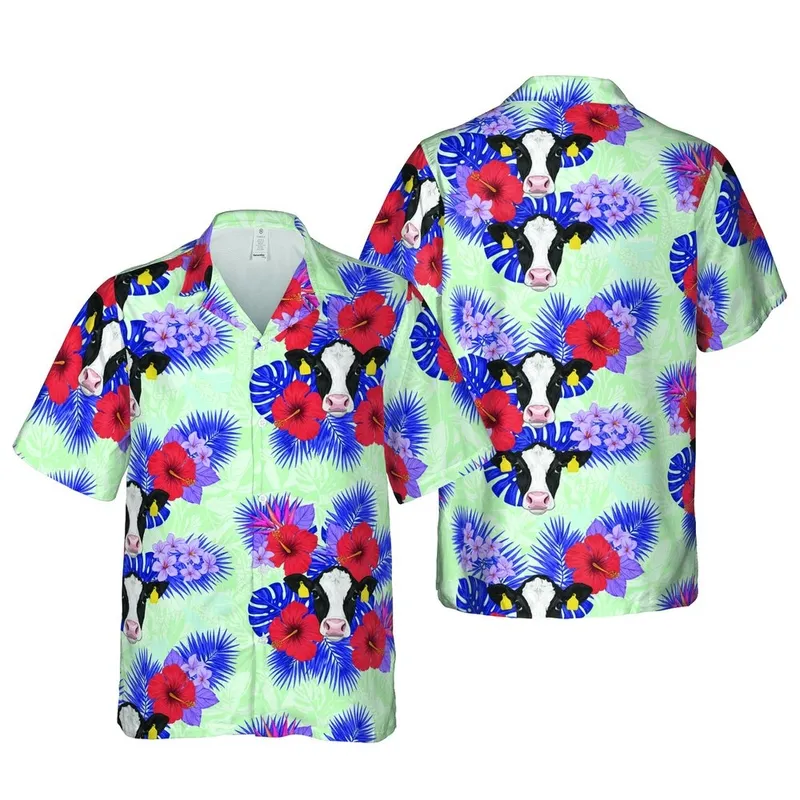 Hereford Calf Hawaiian Pattern: Tropical Palm, Red Hibiscus, Purple Plumeria, Mint Botanical Short-sleeve Hawaiian Shirt - 1
