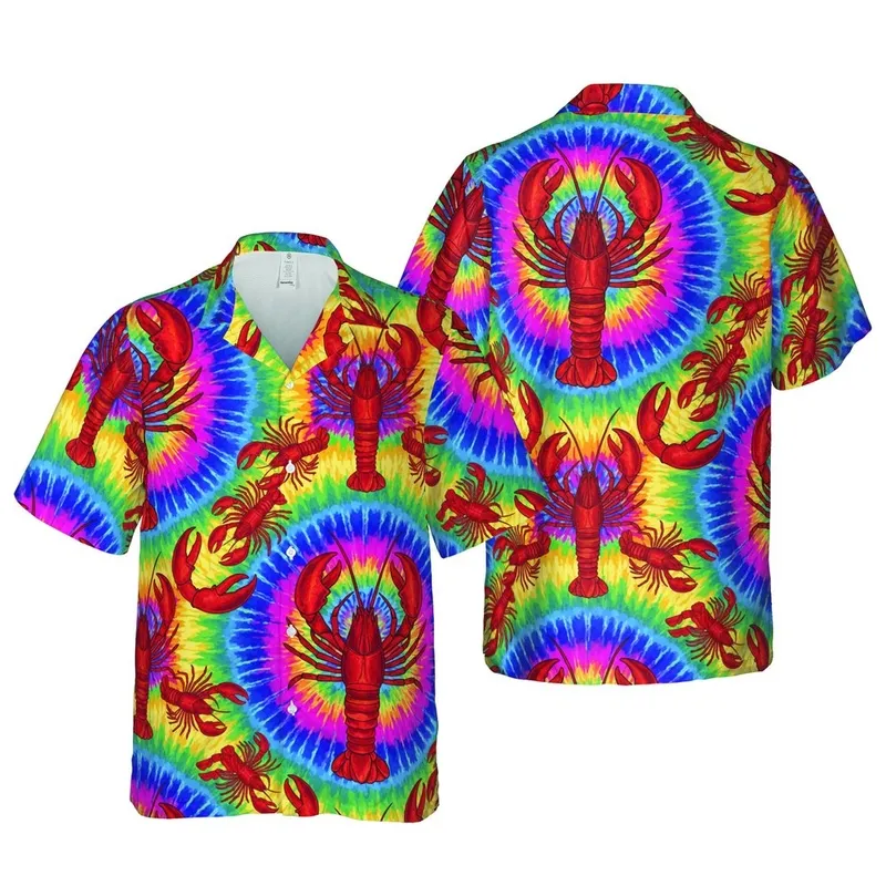Red Lobster Hawaiian Pattern: Iridescent Marine Life Purple Blue Green Tie-Dye Short-sleeve Hawaiian Shirt - 1