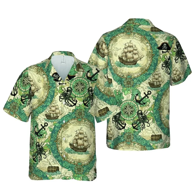 Ocean Adventurer: Galleon Kraken Pirate Hat Compass Treasure Map Nautical Design Short-sleeve Hawaiian Shirt - 1