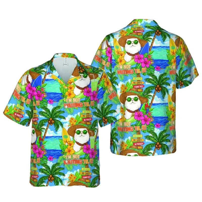 Cat Lover's White Cat Sun Hat Lime Drink Surfboard Palm Tree Ocean Fabric Design Short-sleeve Hawaiian Shirt - 1