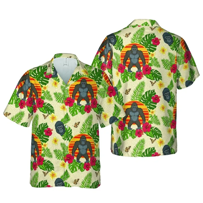 Gorilla & Human Hawaiian Pattern with Sunset Backdrop, Hibiscus Leaf Design Short-sleeve Hawaiian Shirt - 1