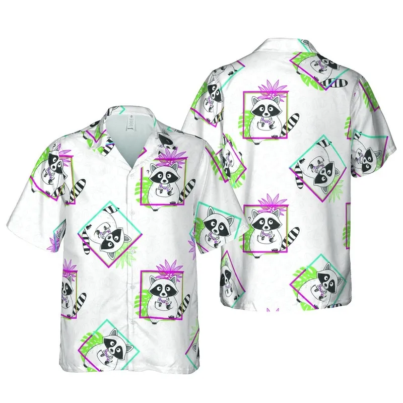 Raccoon Hawaiian Coffee Snack Framed Botanical Line Art Magenta Cyan Green Textile Short-sleeve Hawaiian Shirt - 1